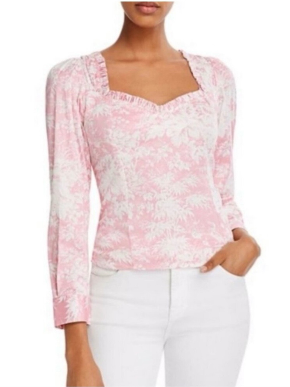 Nordstrom Pink & White Floral Square-Neck Long Sleeve Blouse